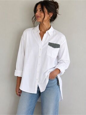 Maeve Anthropologie White Cotton Button Down Shirt L Oversized Pocket